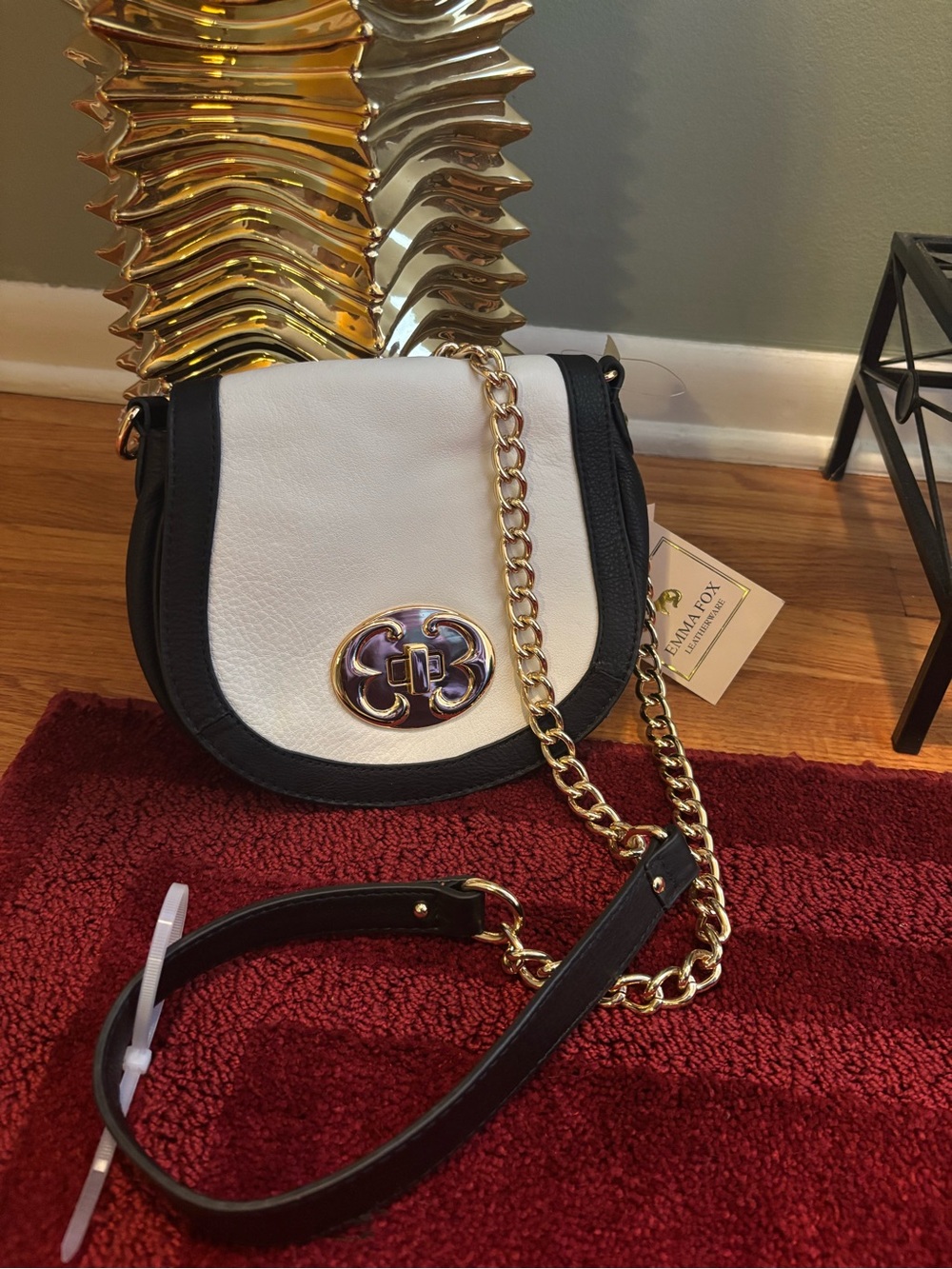 Emma Fox White and Black Saddle Crossbody with Gold Chain